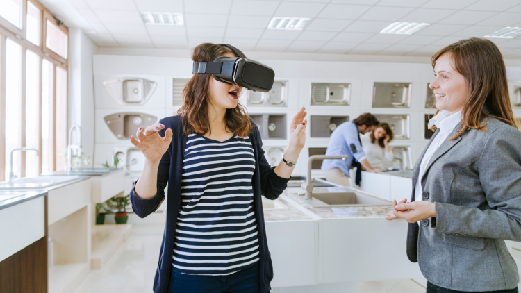 A woman uses a virtual reality headset