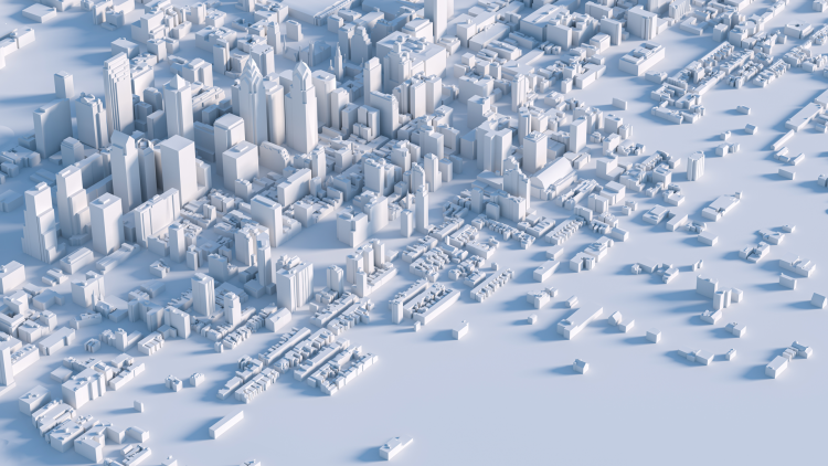 A city with 3D skyscrapers