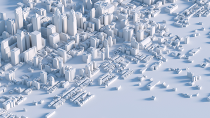 A city with 3D skyscrapers