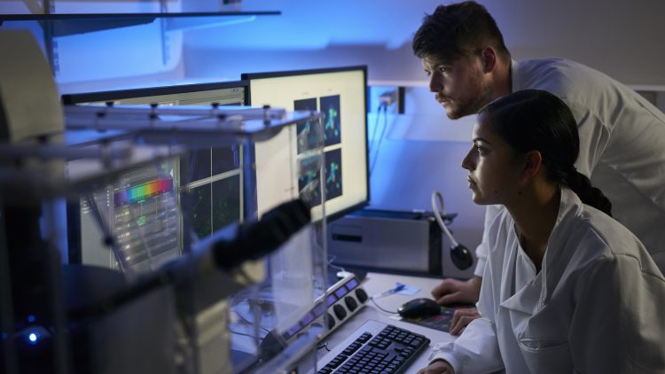 Deux scientifiques examinent des données sur un écran dans un laboratoire