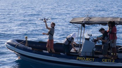 Rob Wood (Harvard / CETI), deploying a drone in Dominica 