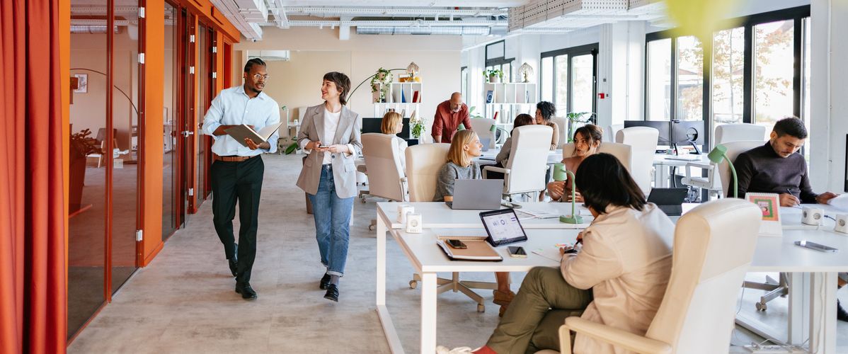 Group of professionals collaborating in a bright, modern office space designed for co-working and teamwork.