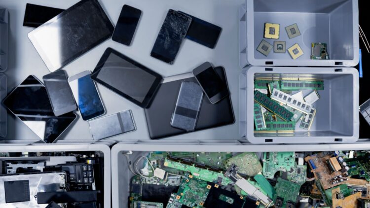 Various electronic devices, such as phones and tablets, along with internal components, are arranged in bins.