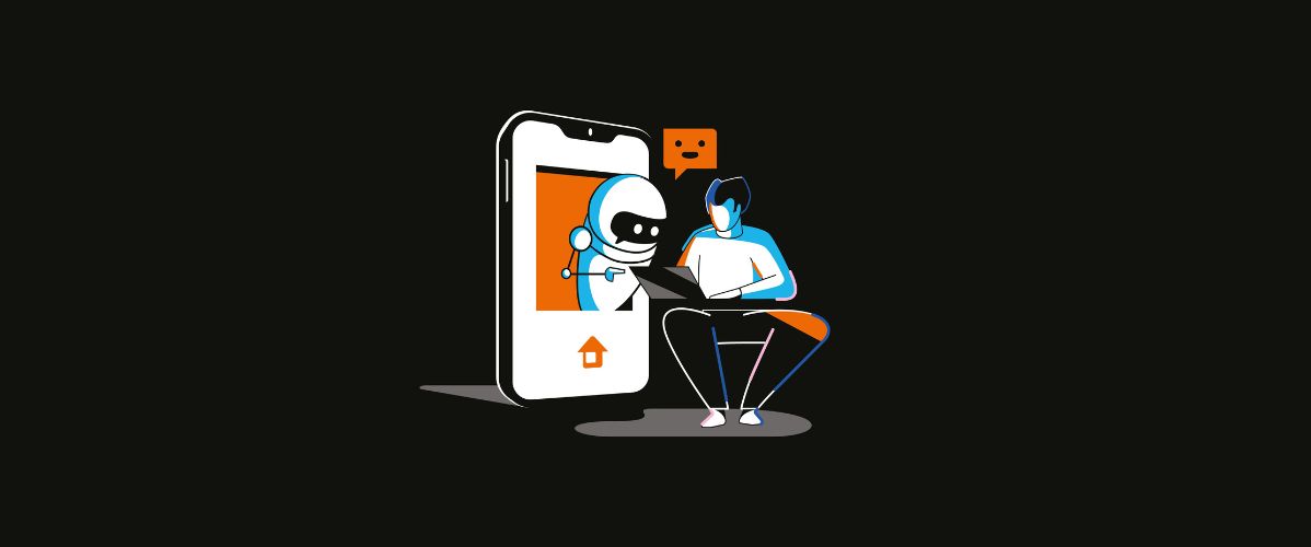 Illustration d’un robot souriant sortant de l’écran d’un grand smartphone, tendant la main vers un homme assis sur une chaise avec un ordinateur portable, en train d’interagir avec lui.