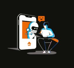 Illustration of a smiling robot emerging from a large smartphone screen, reaching out to a seated man with a