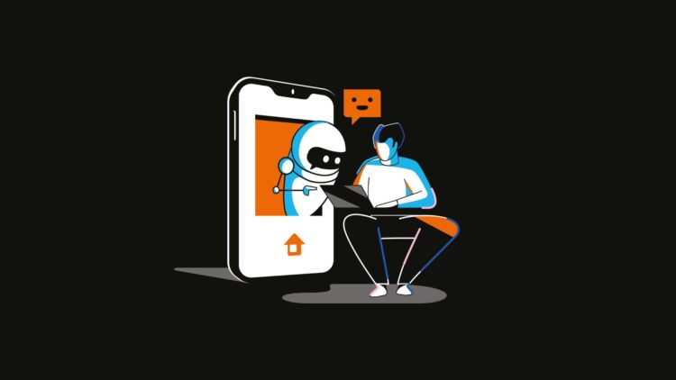 Illustration of a smiling robot emerging from a large smartphone screen, reaching out to a seated man with a