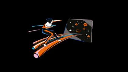 Stylized character jumping in front of a screen with technology and communication icons