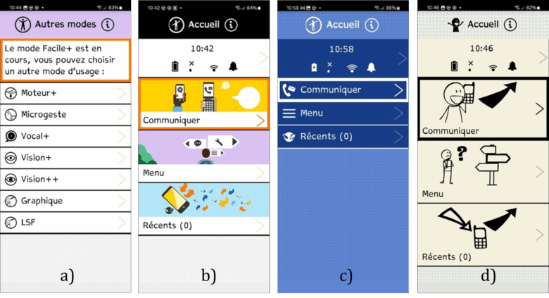 ALT: Four screenshots of the Tactile Facile interface. a) Title: “Other Modes”. Text: “Easy+ mode is running, you can choose another usage mode:” and then seven buttons to choose a mode, b) the Tactile Facile home page with the Orange brand styling, with the time, battery status, and “Communicate”, “Menu”, and “Recent” buttons. c) the home page, this time with white text on a blue background, without unnecessary frills. d) the same page, but in “Graphic” mode with large explanatory icons.