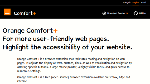 home page for the Comfort+ browser extension website